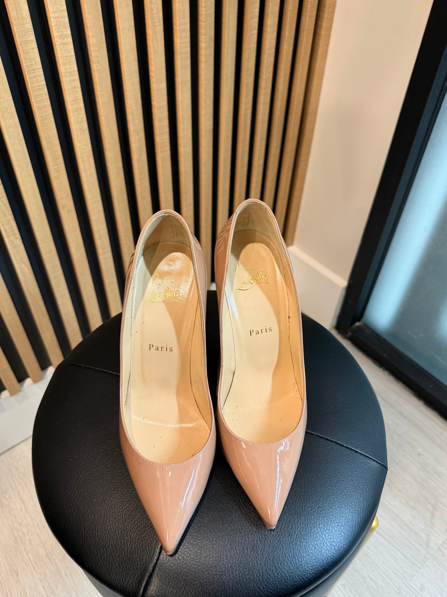 Christian Louboutin Nude Patent Pointed Pumps, Size 38
