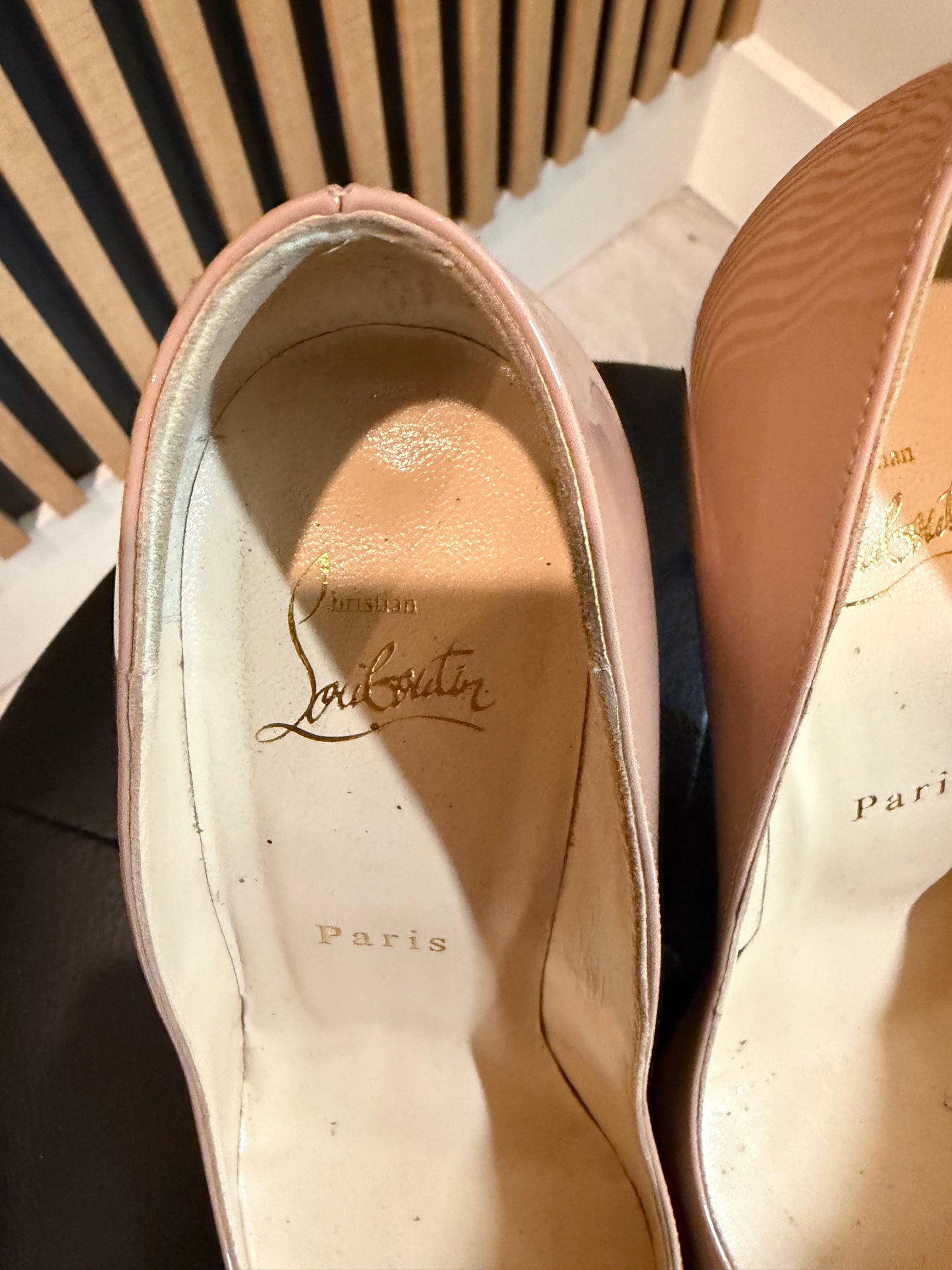 Christian Louboutin Nude Patent Pointed Pumps, Size 38