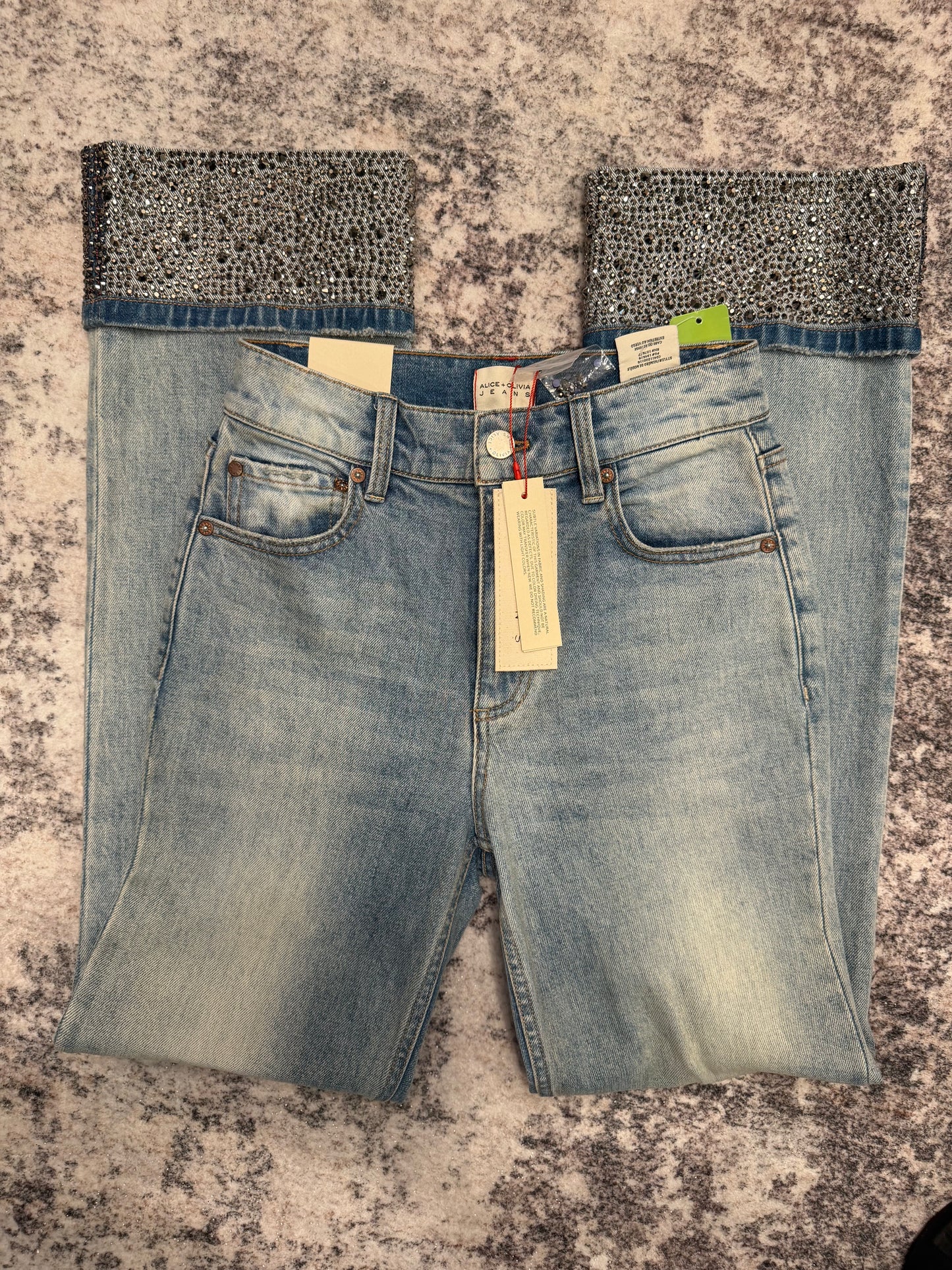 Alice + Olivia Wheezy High-Rise Straight-Leg Embellished Jeans, NWT, Size 24
