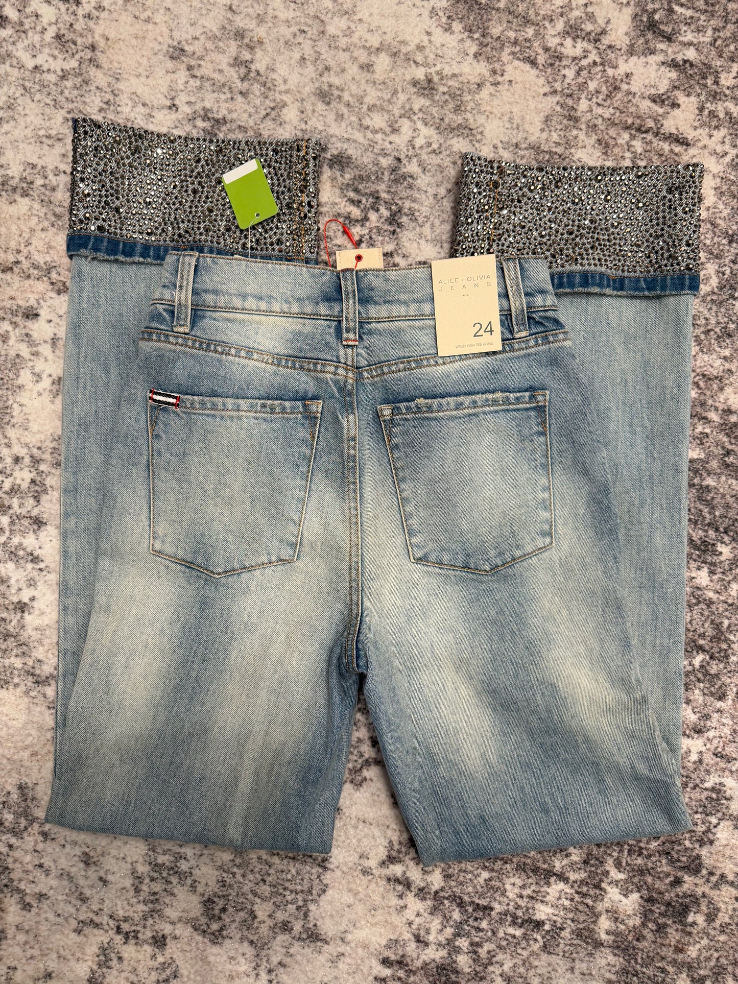 Alice + Olivia Wheezy High-Rise Straight-Leg Embellished Jeans, NWT, Size 24