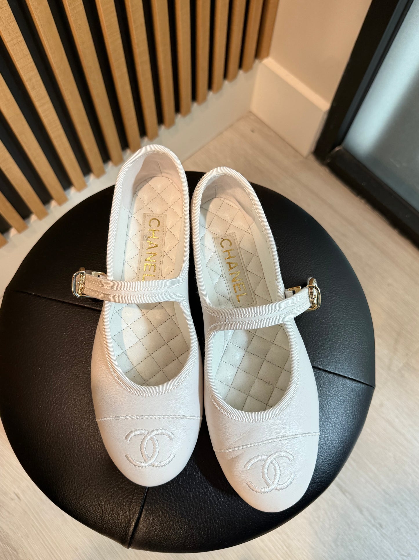 Chanel Mary Jane White Flats, Size 37
