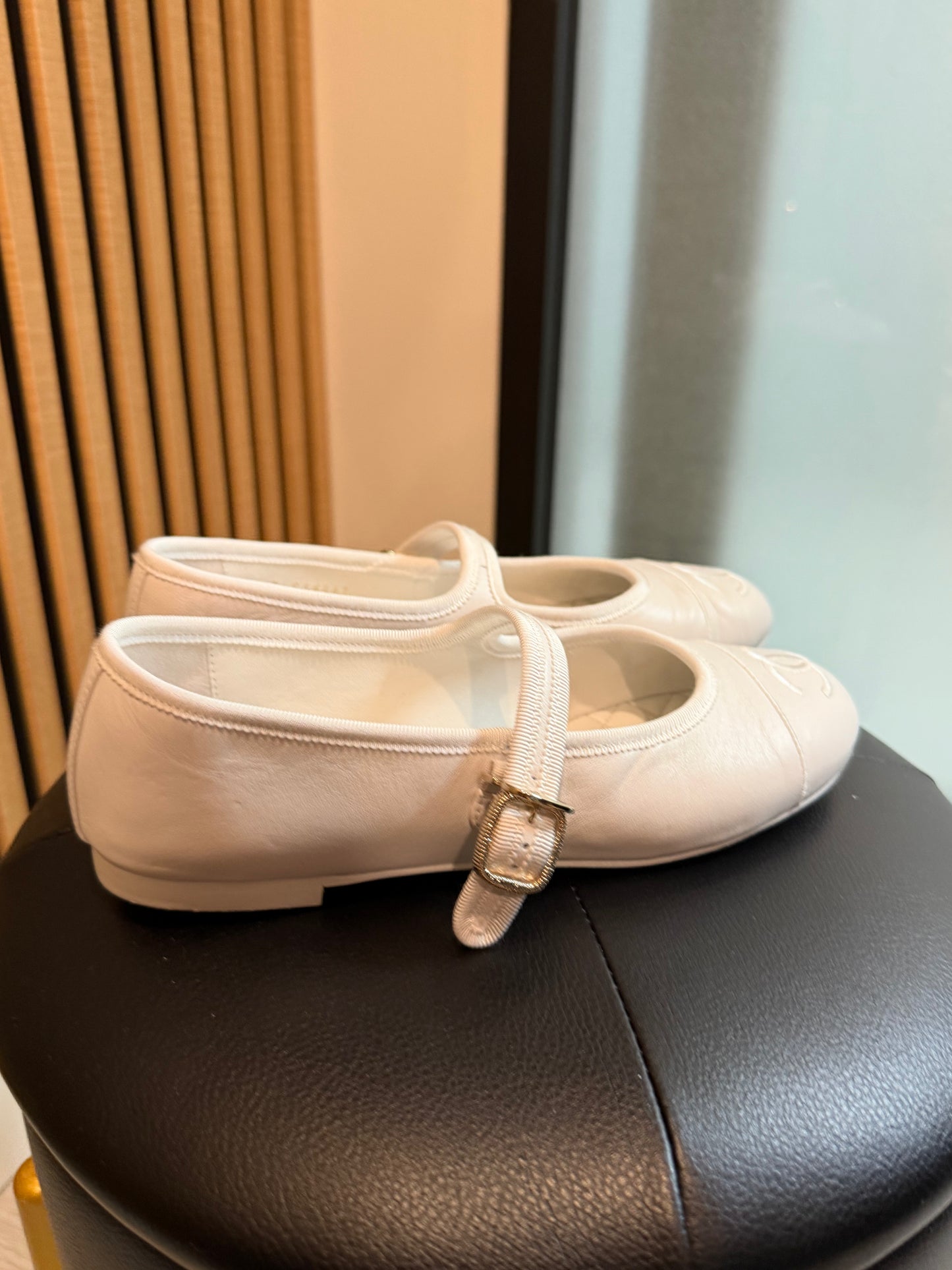 Chanel Mary Jane White Flats, Size 37