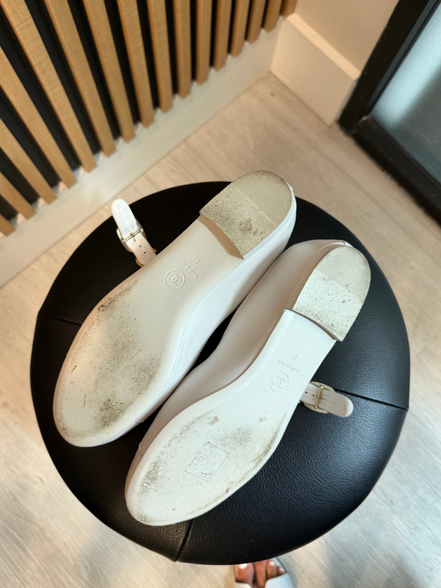 Chanel Mary Jane White Flats, Size 37