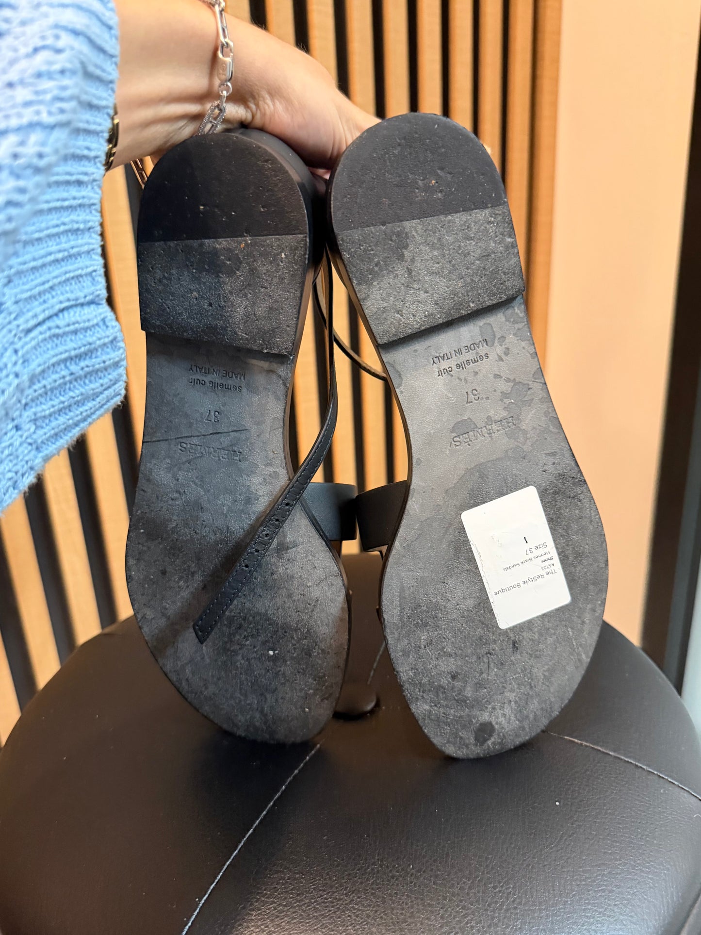 Hermes Black Sandals, Size 37