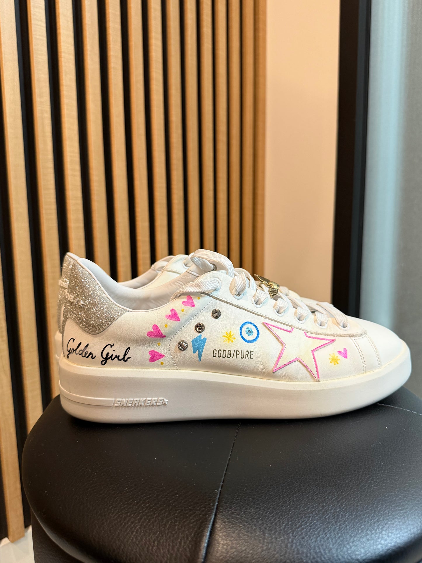 Golden Goose Super-Star Style with Custom Doodle and Glitter Heel Tab, Size 40