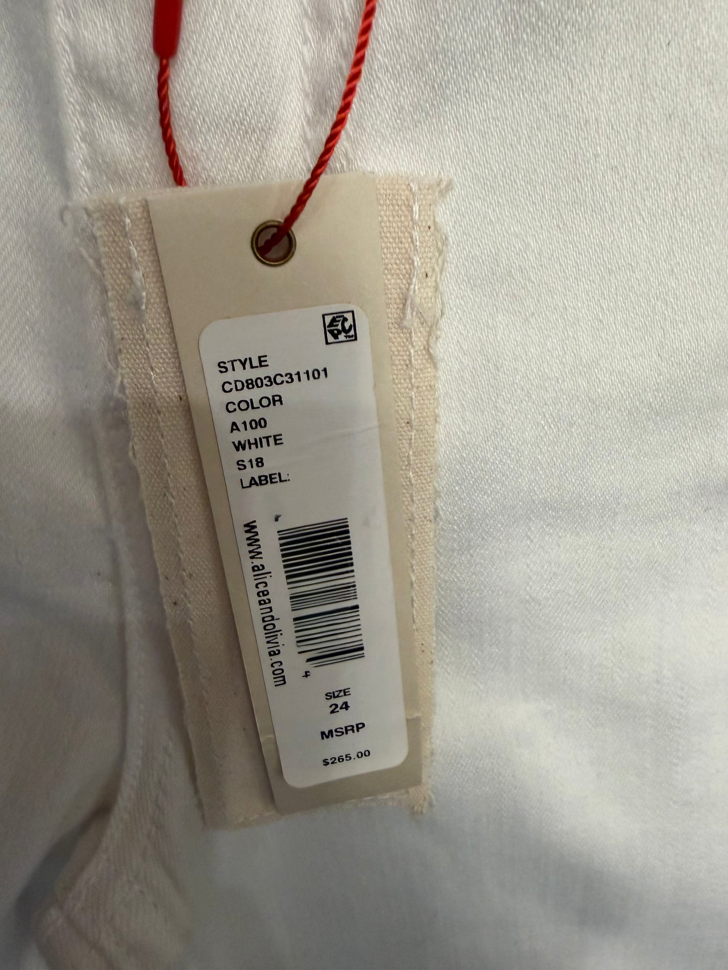 Alice + Olivia Ruffle Hem Zoe High Rise White Denim Jeans, NWT, Size 24