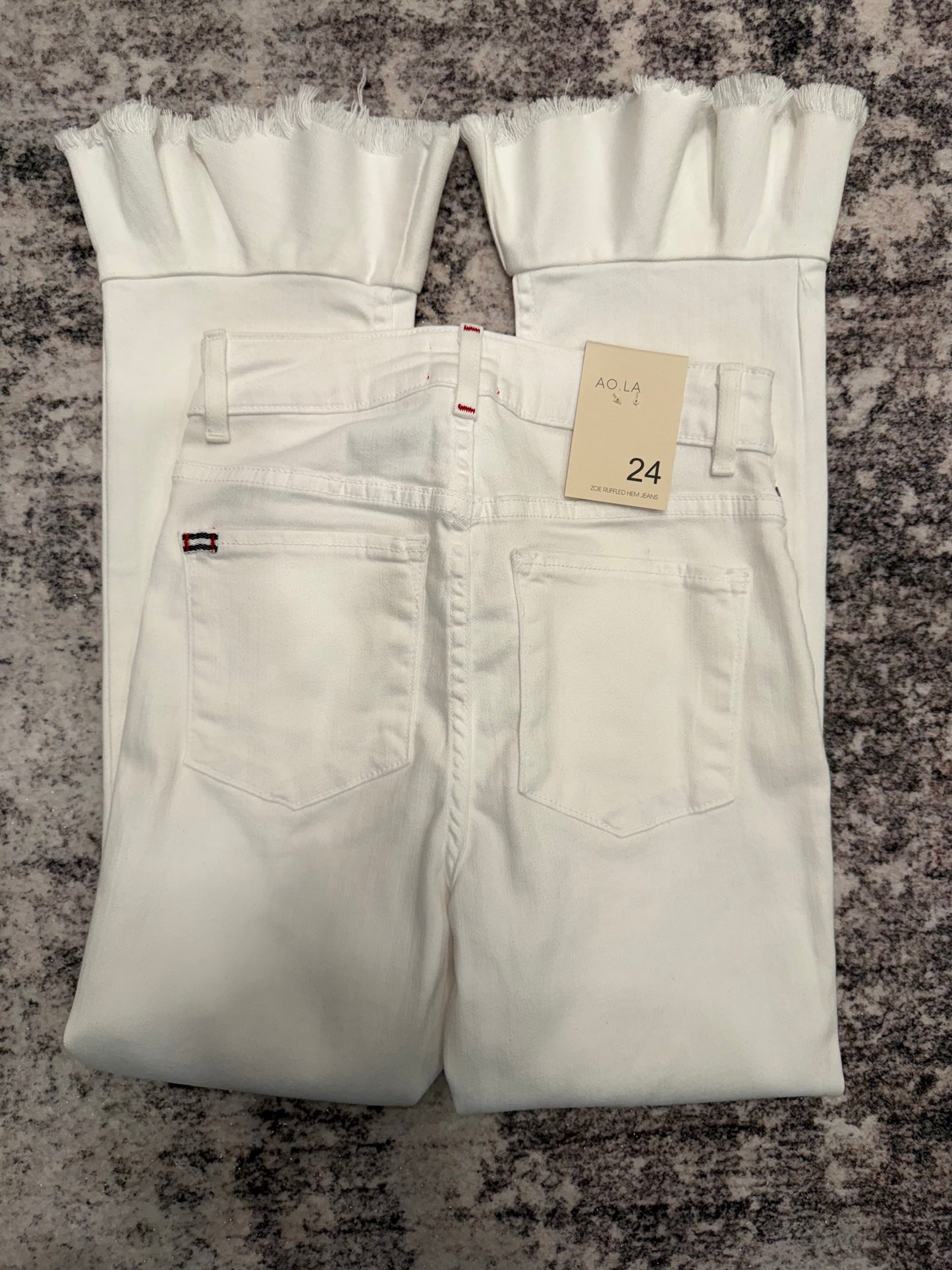 Alice + Olivia Ruffle Hem Zoe High Rise White Denim Jeans, NWT, Size 24