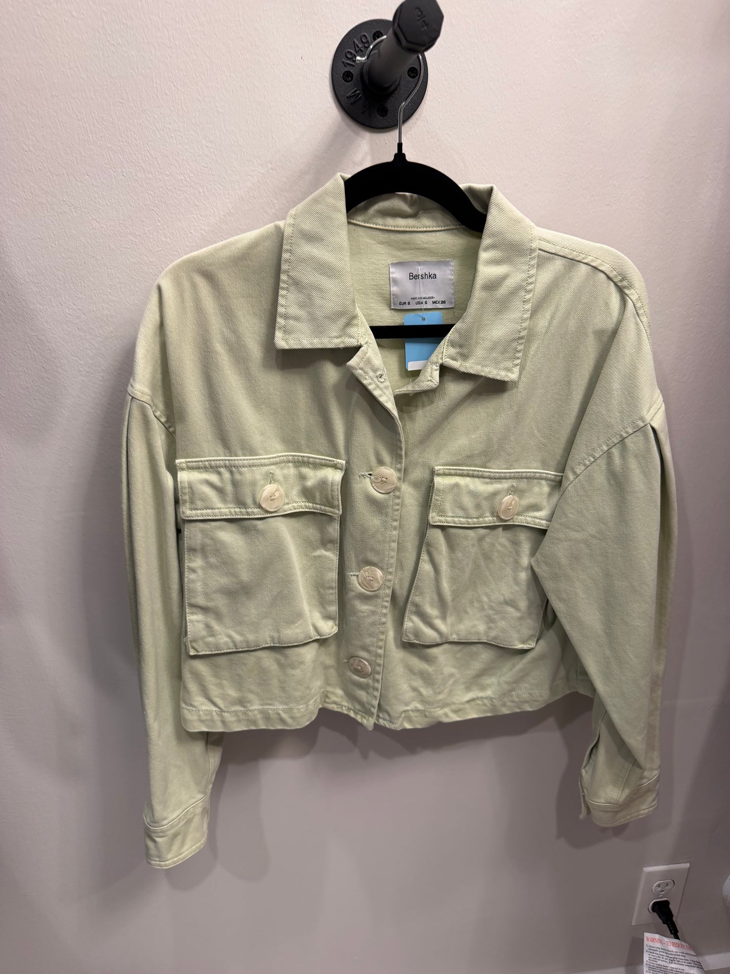 Bershka Women's Light Green Cotton Chore Utility Button Up Jacket, Size S