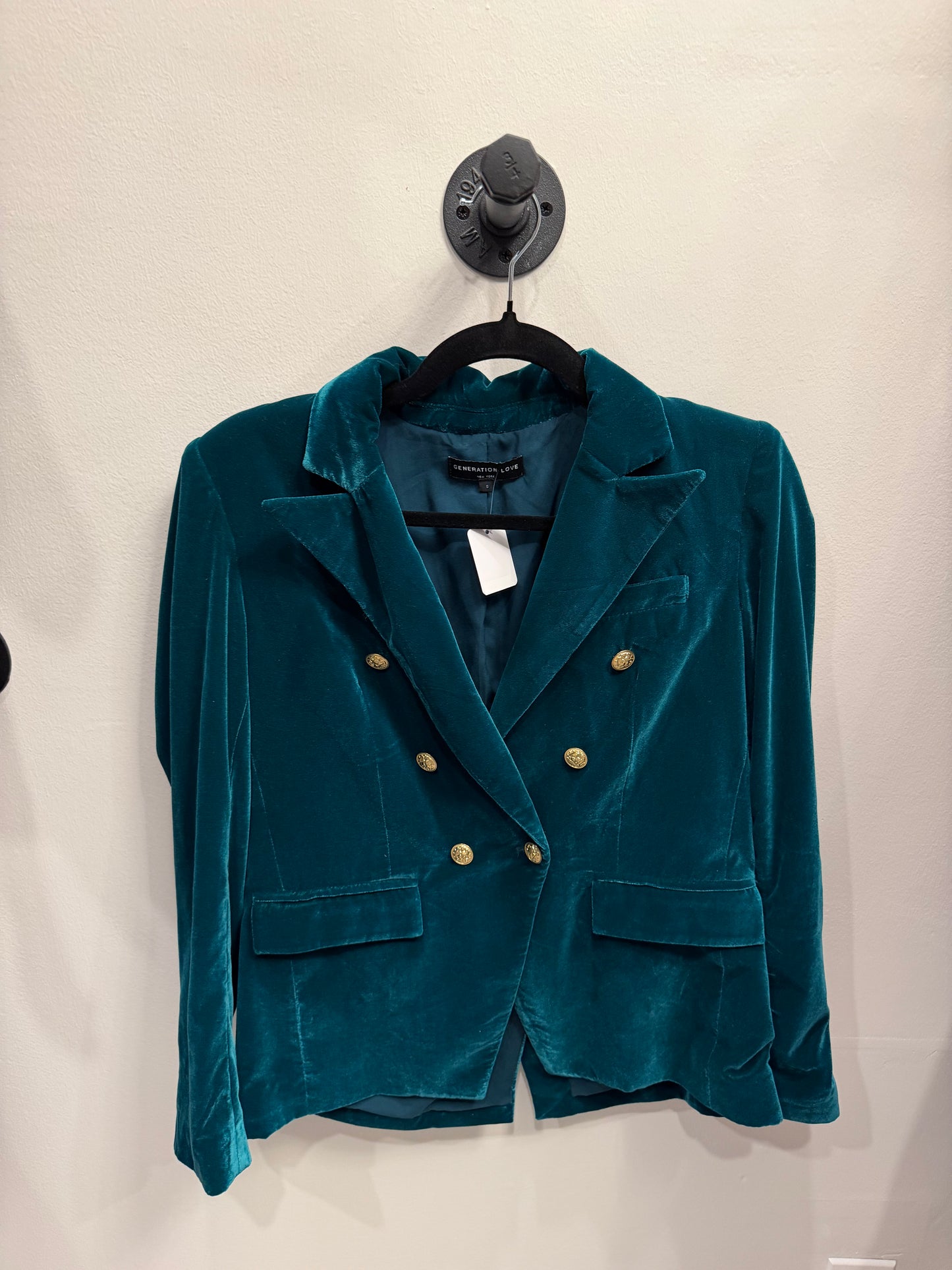 Generation Love Teal Double-Breasted Velvet Jacket with Gold Buttons, Size Small
