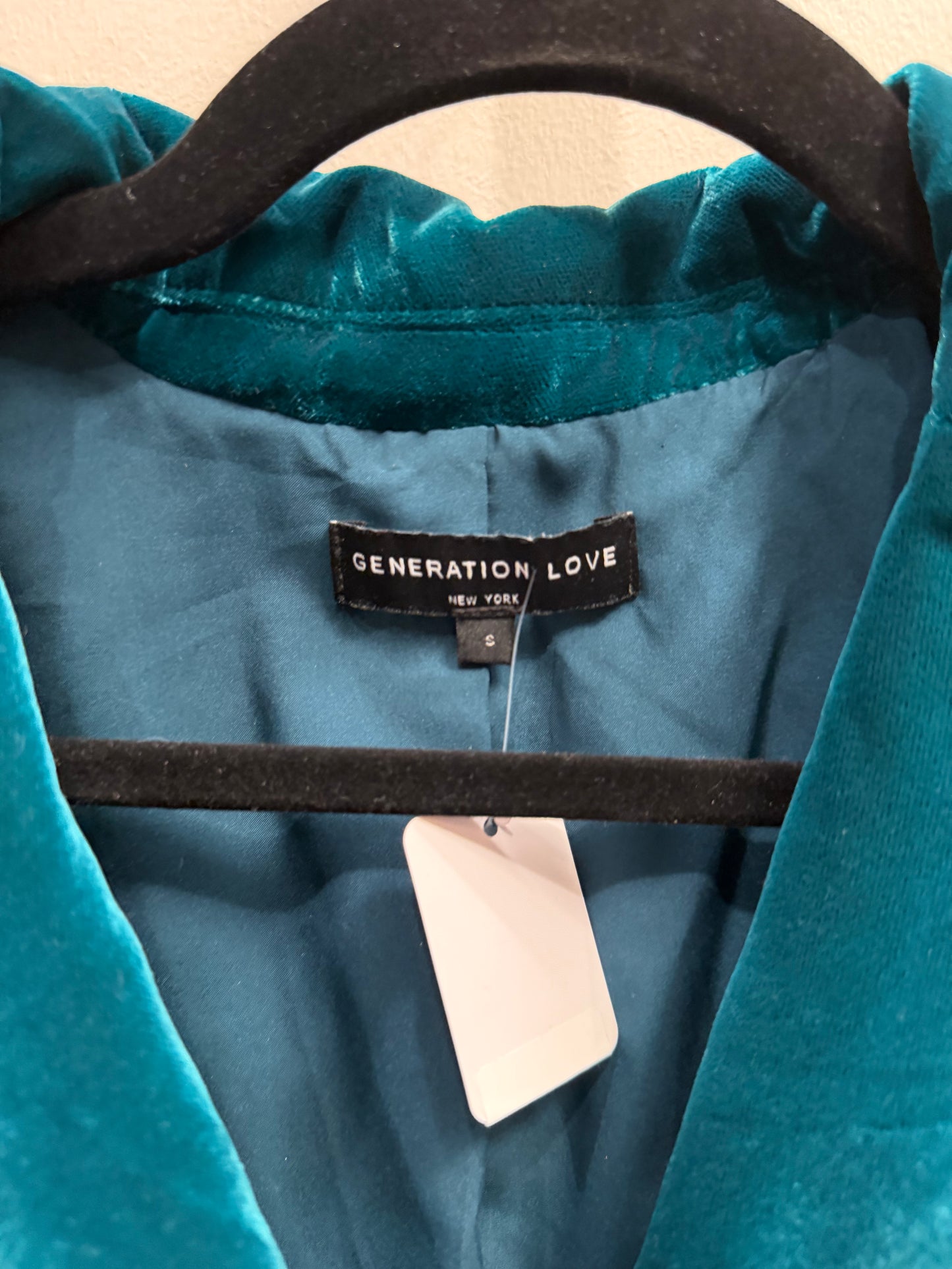 Generation Love Teal Double-Breasted Velvet Jacket with Gold Buttons, Size Small