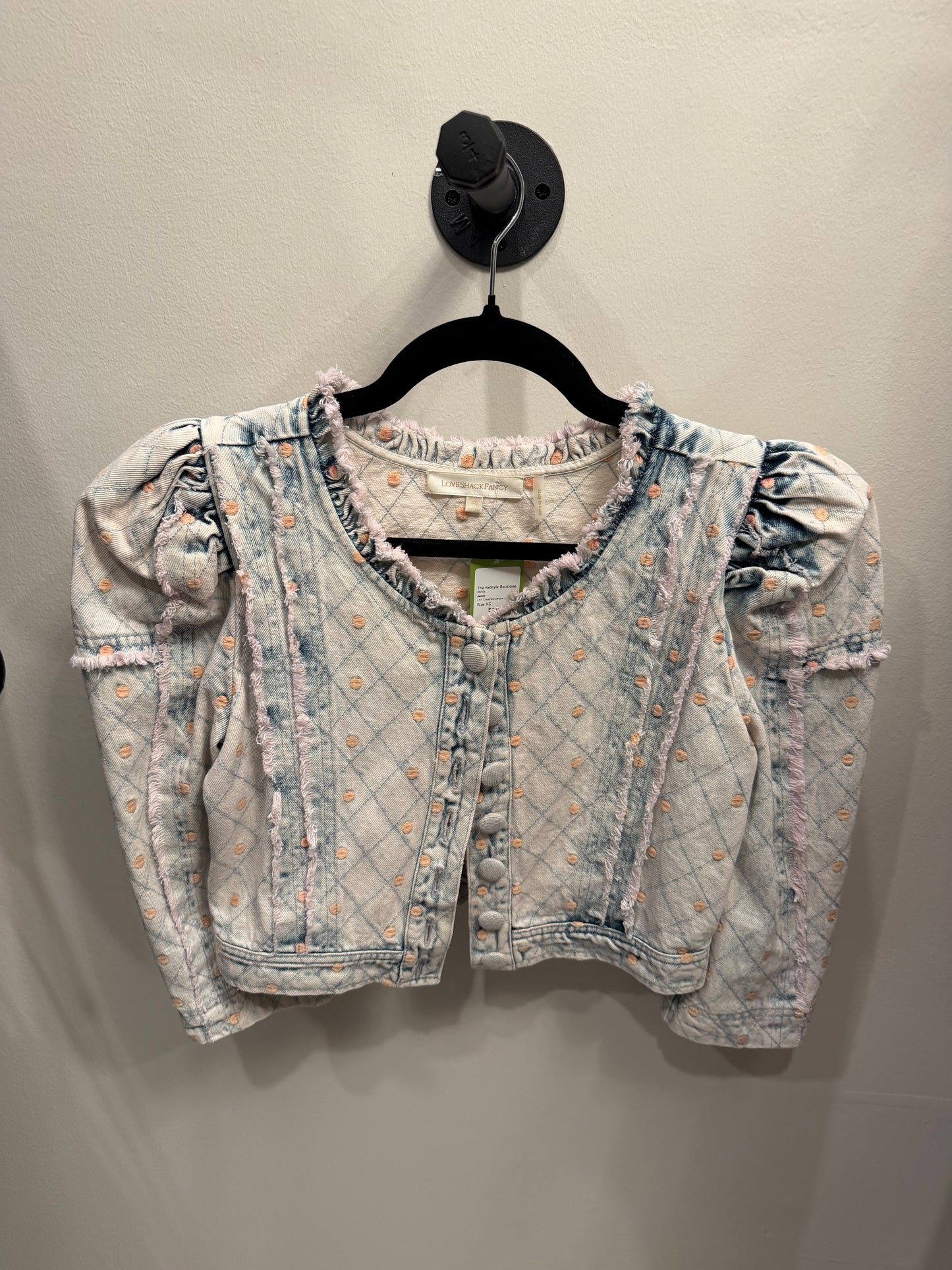 LoveShackFancy Denim Cropped Polka Dot Jacket, Size XS