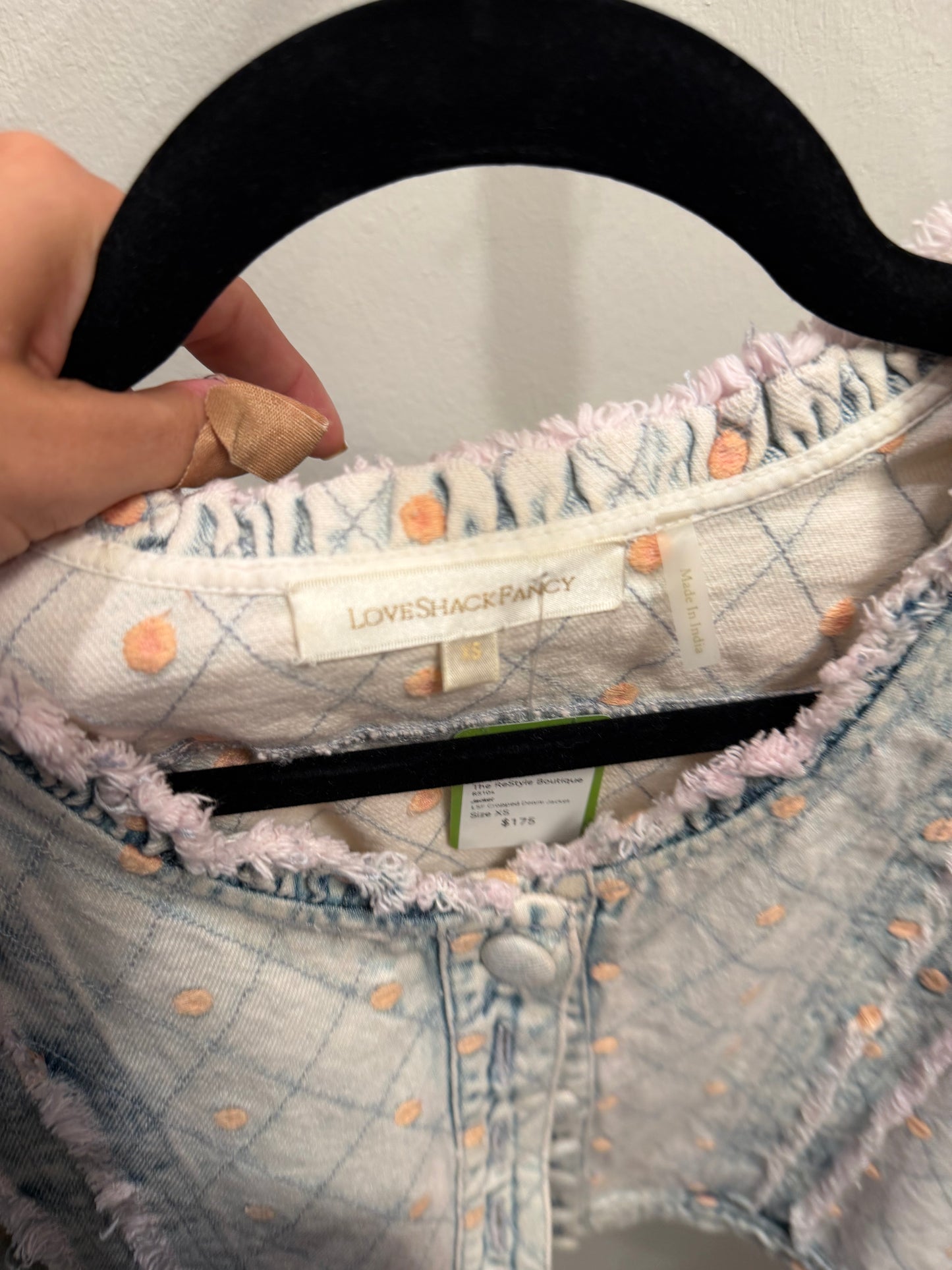 LoveShackFancy Denim Cropped Polka Dot Jacket, Size XS