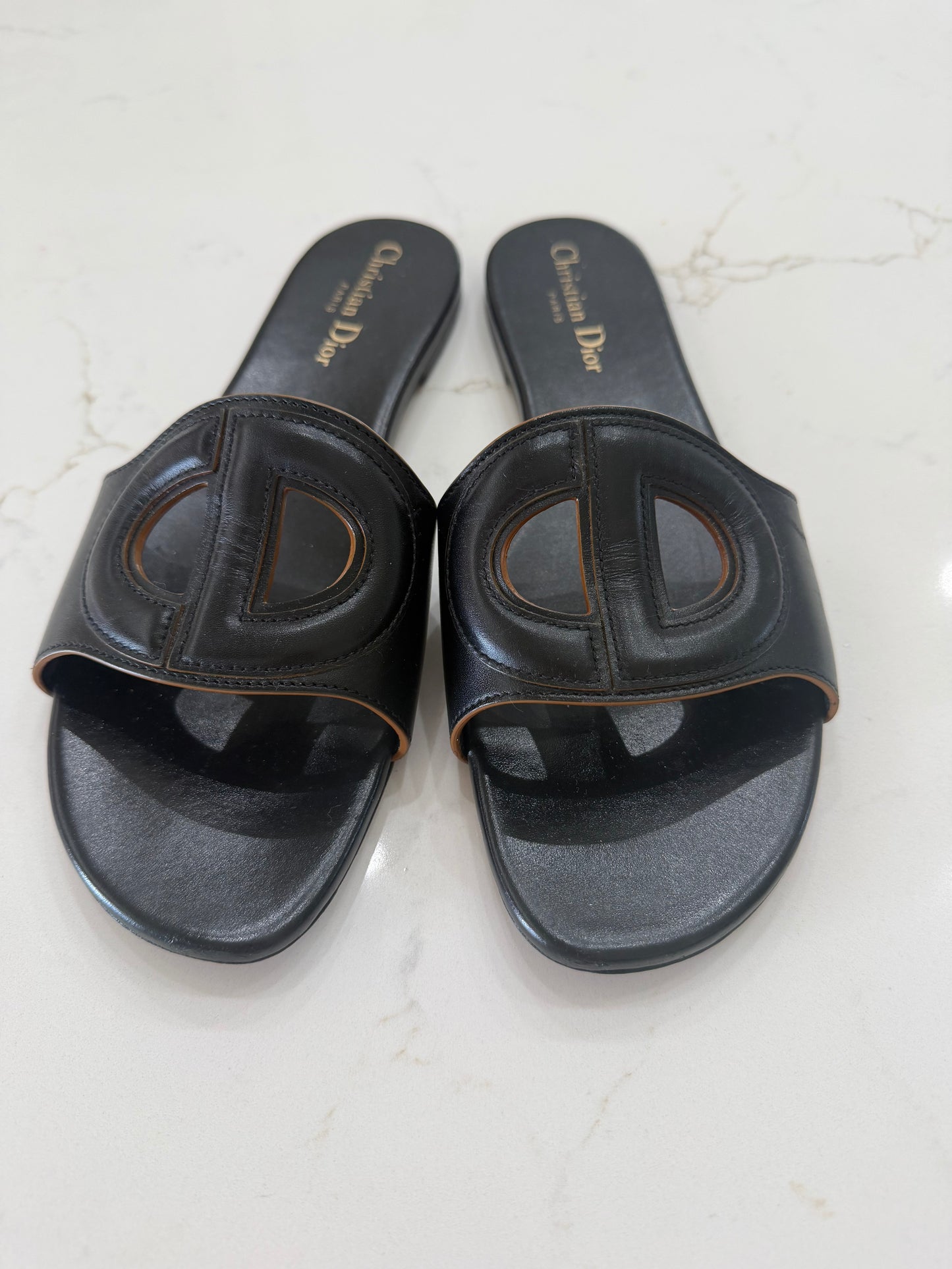 Christian Dior Cutout Leather Black Sandal Slides, Size 40