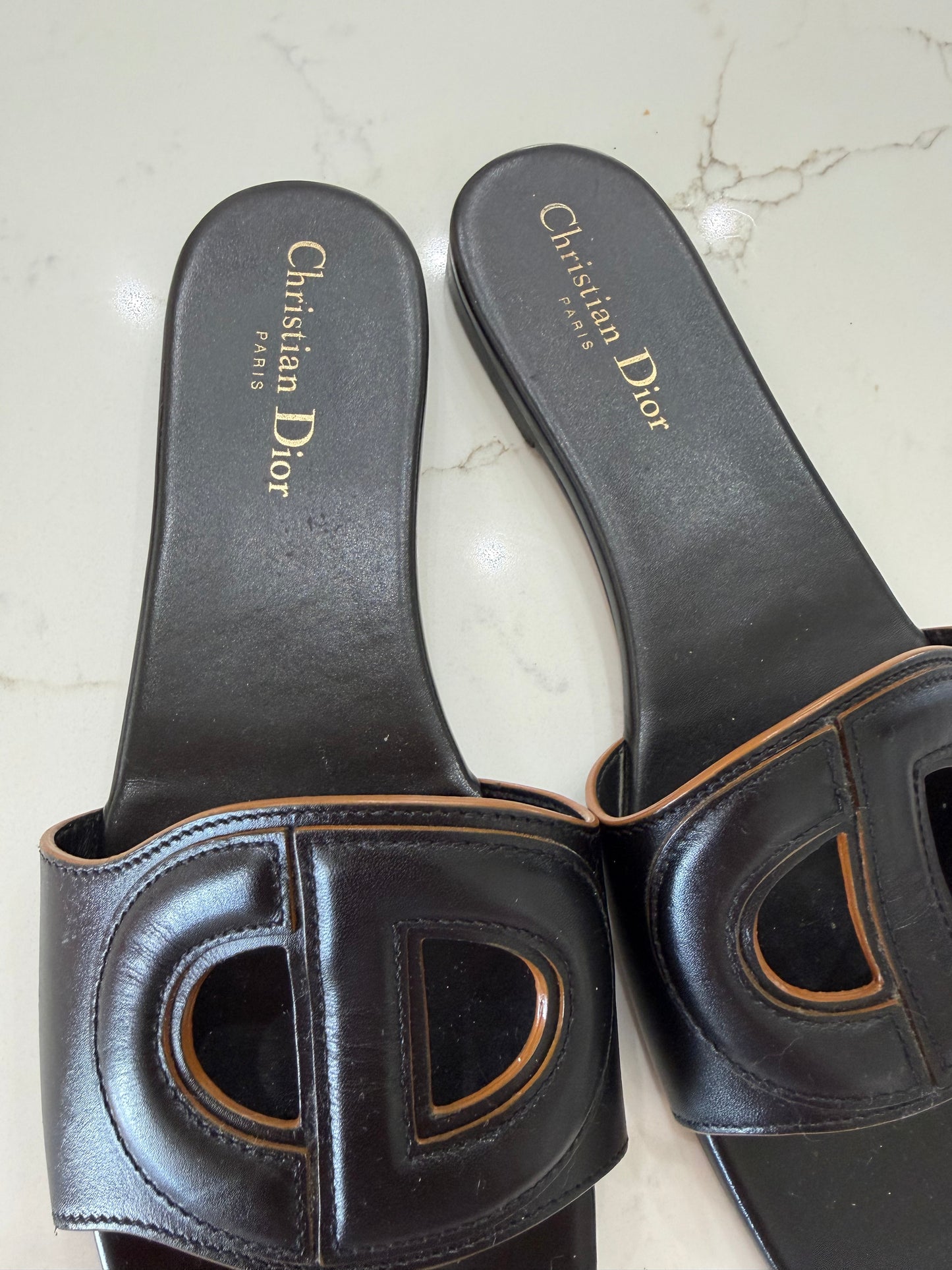 Christian Dior Cutout Leather Black Sandal Slides, Size 40