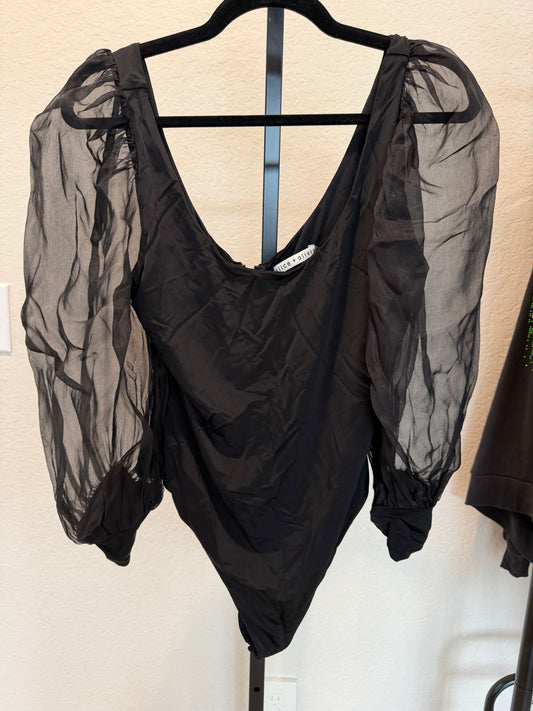 Alice + Olivia Black Bodysuit with Sheer Sleeves, Size Large