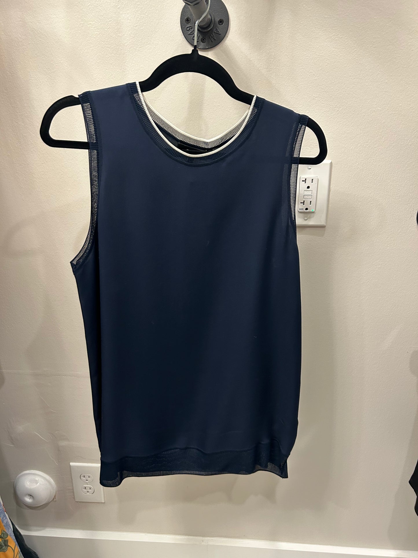 Theory Navy Silk Combo Sleeveless Blouse, L